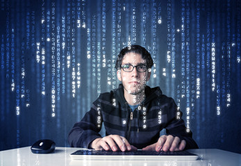 Fototapete - Hacker decoding information from futuristic network technology