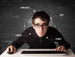 Poster - Young hacker in futuristic enviroment hacking personal informati