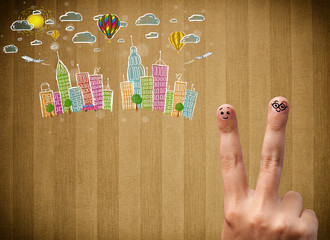 Fototapete - Happy smiley fingers looking at colorful handrawn cityscape
