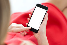 Woman In Red Dress Holding A Phone With Isolated Screen