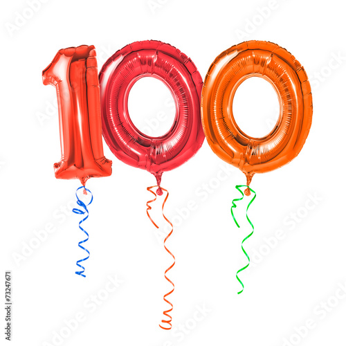 Fotografía Rote Luftballons mit Geschenkband - Nummer 100