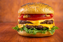 Double Cheeseburger , Red Wooden Background
