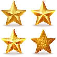 A Set Of Shiny Golden Christmas Tree Toys In The Form Of A Star