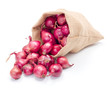 Red onions in burlap sack