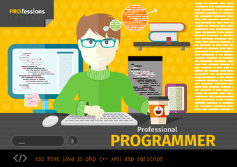 Male programmer with digital devices on workplace