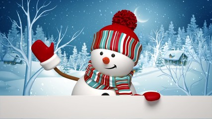 christmas greeting card, snowman in winter forest