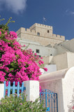 Fototapeta  - Greek flag on a tower - Santorini island Greece