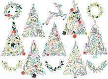 Floral Or Botanical Christmas Trees, Wreaths, Bunting And Reinde
