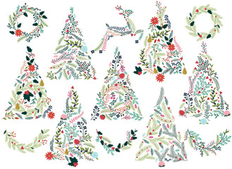 floral or botanical christmas trees, wreaths, bunting and reinde