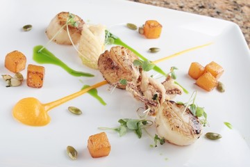 Sticker - pan fried scallops plated meal appetizer starter