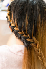 long braid creative brown hair style in salon beauty