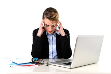 young stressed woman with headache working at computer