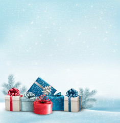Poster - Holiday Christmas background with a border of gift boxes. Vector