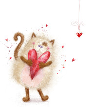 Love. Cute Cat With Red Heart.Valentines Day.Love Background.