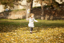 Little Girl Running With Toy Through Field Full Of Fallen Leaves