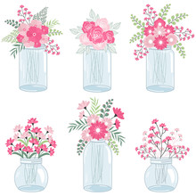 Wedding Pink Flowers In Mason Jars