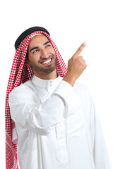 Wall Mural - Arab saudi promoter man presenting pointing at side