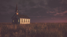 Old Abandoned White Wooden Chapel On Prairie At Sunset With Clou