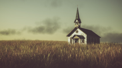 old abandoned white wooden chapel on prairie at sunset with clou