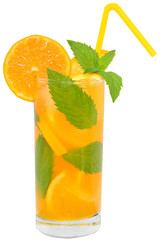 Wall Mural - Cocktail with orange juice and ice cubes decorated leaf mint