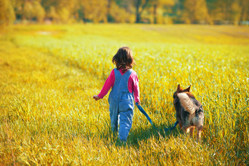 Little girl with dog walking in the field back to camera