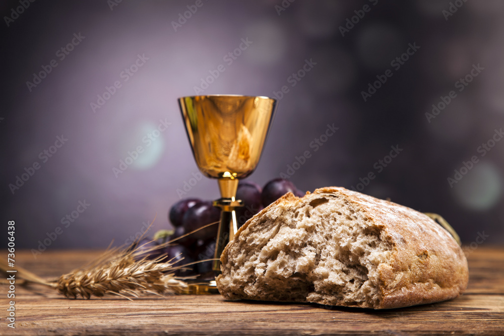 Sacred objects, bible, bread and wine. - obrazy, fototapety, plakaty 