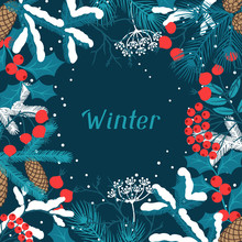 Merry Christmas Background With Stylized Winter Branches.