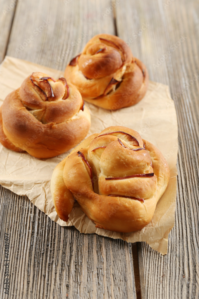 Tasty buns on table close-up