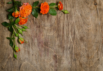  Corner from roses with leaves on wooden background.