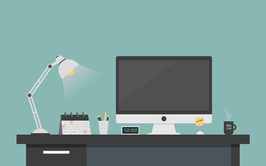 Computer desk workplace concept, Flat design vector illustration