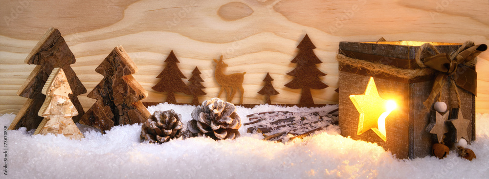 Foto-Schiebegardine ohne Schienensystem - Weihnachtliche Szene aus Holz mit Laterne