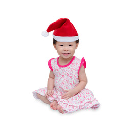 Wall Mural - Happy asian girl with christmas hat over white background