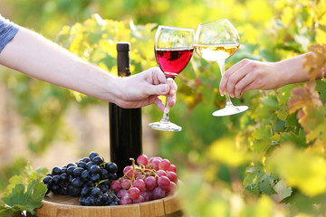 Wineglass in hand on grape plantation background