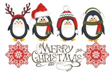 Christmas Background With Penguins And Snowflakes