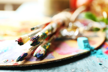 Beautiful still life with professional art materials, close up