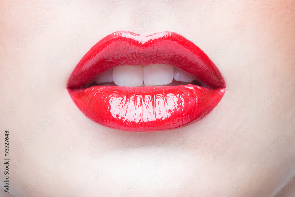 Sexy Lips. Beauty Red Lip Makeup Detail. - obrazy, fototapety, plakaty 