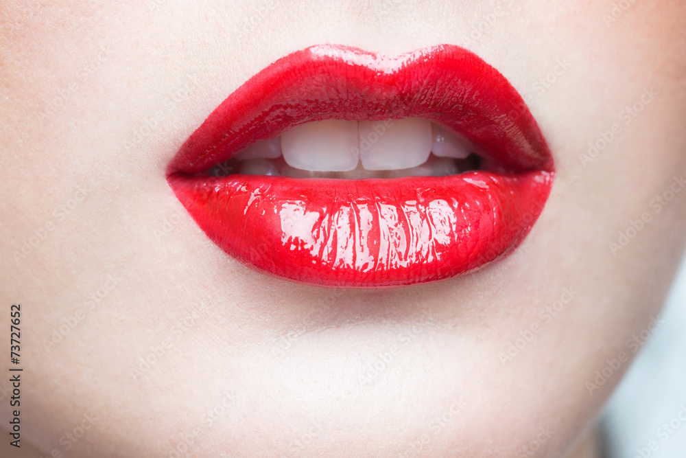 Sexy Lips. Beauty Red Lip Makeup Detail. - obrazy, fototapety, plakaty 