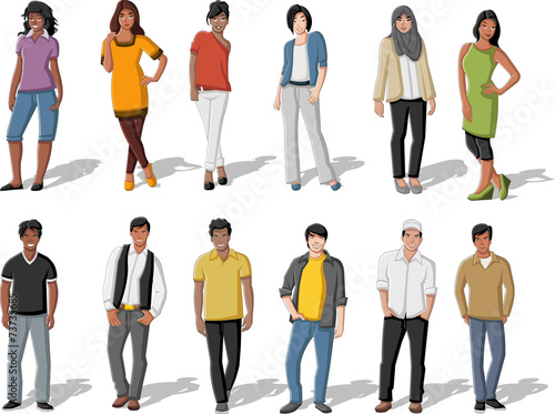 Group of cartoon young asian people