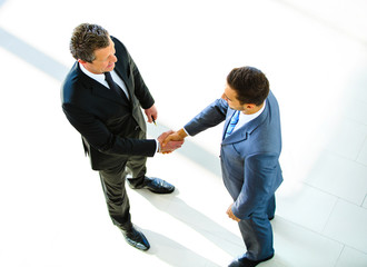 Wall Mural - Top view of a two businessman shaking hands