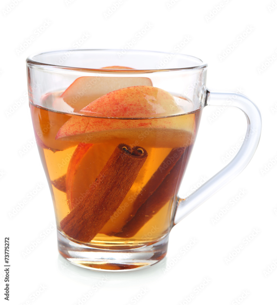 Apple cider with cinnamon sticks, isolated on white