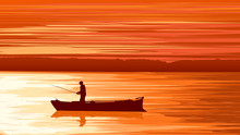 Vector Fisherman Against Orange Sunset.