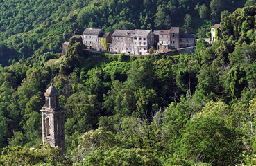 Canvas Print - Forêt de costa verde, Clocher et village corse