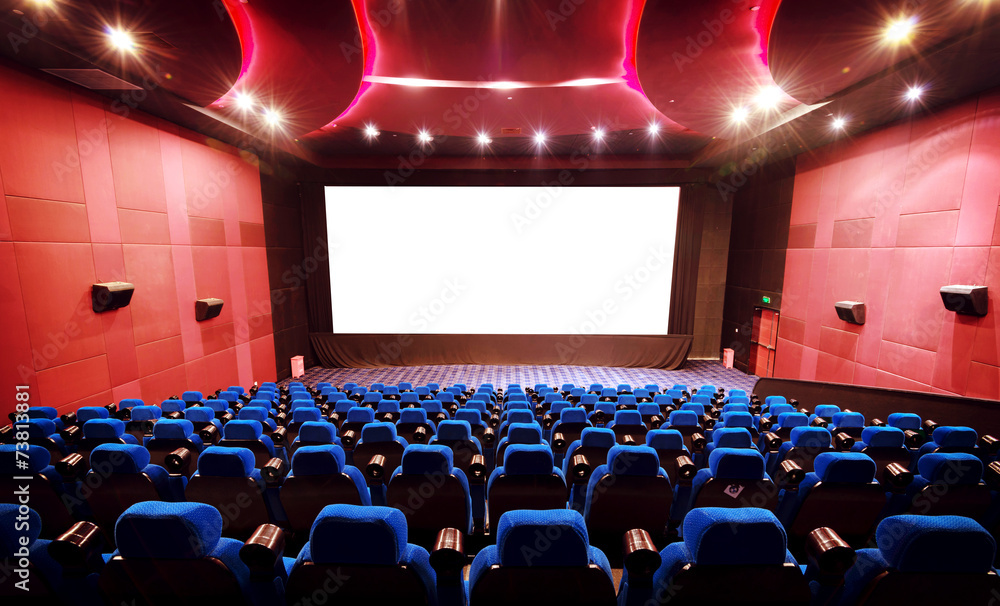 Empty movie theater with red seats - obrazy, fototapety, plakaty 