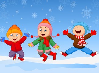 Poster - Group of children jumping together in wintertime