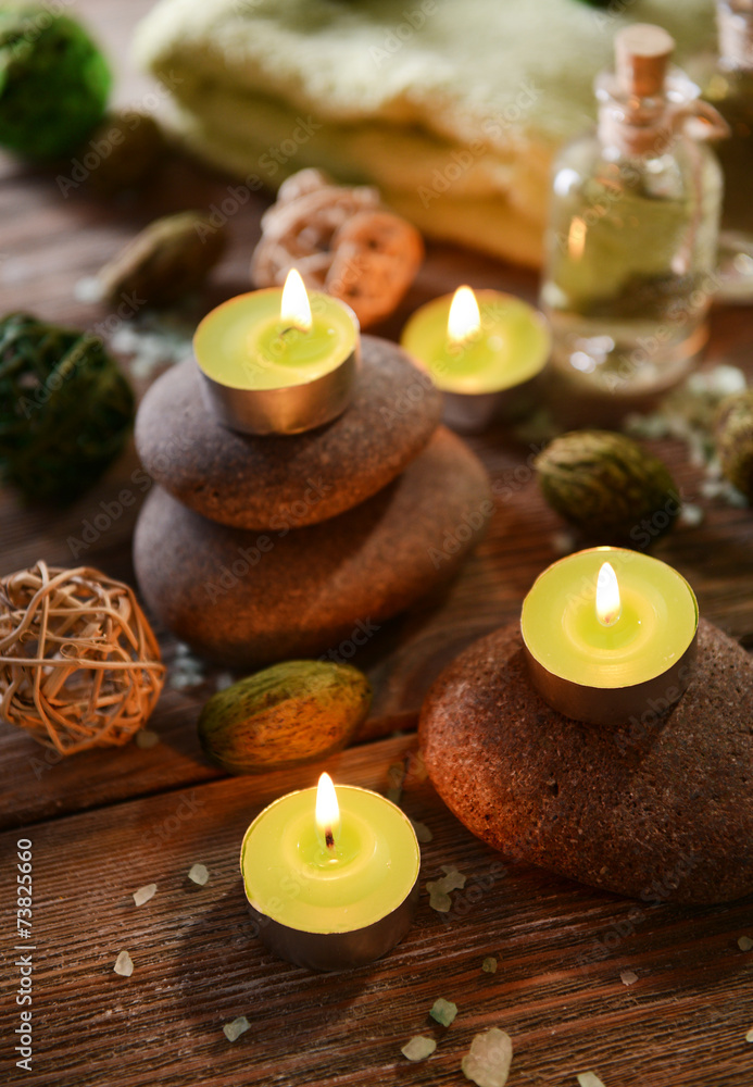 Composition of spa treatment on wooden background