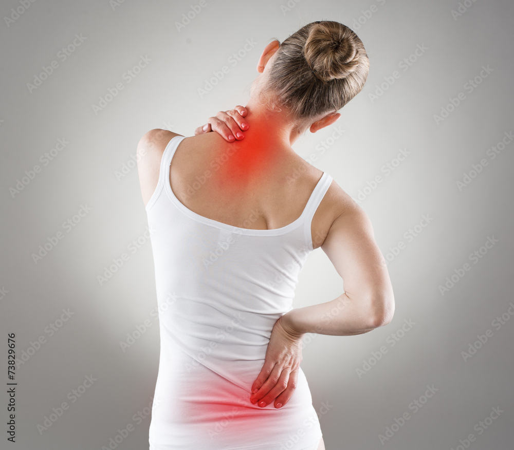 Spine osteoporosis. Spinal cord problems on woman's back - obrazy, fototapety, plakaty 