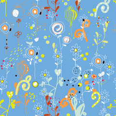 Wall Mural - Seamless floral repeat pattern in blue colors - cute design