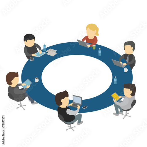 Six Cartoon People Work Sitting Round, Round Table Cartoon
