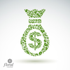 Money bag vector stylized icon, floral banking theme icon. Busin