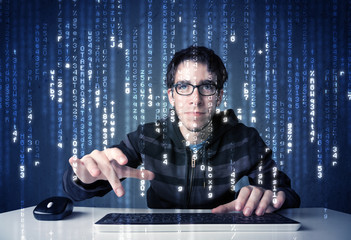 Fototapete - Hacker decoding information from futuristic network technology